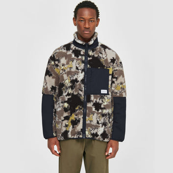 Knowledge Cotton Apparel Oversized Jaquard Sherpa Jacket Brown AOP