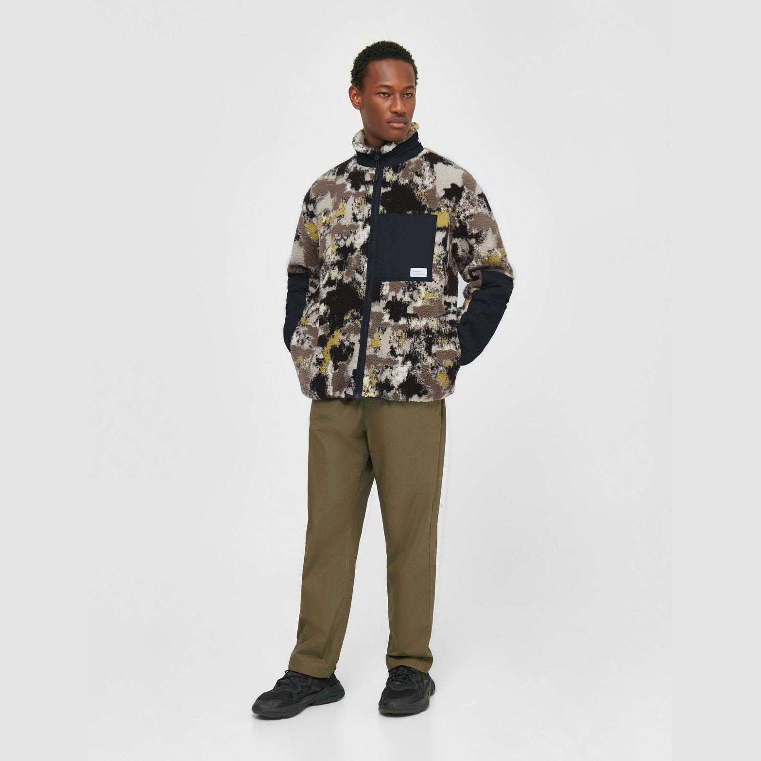 Knowledge Cotton Apparel Oversized Jaquard Sherpa Jacket Brown AOP