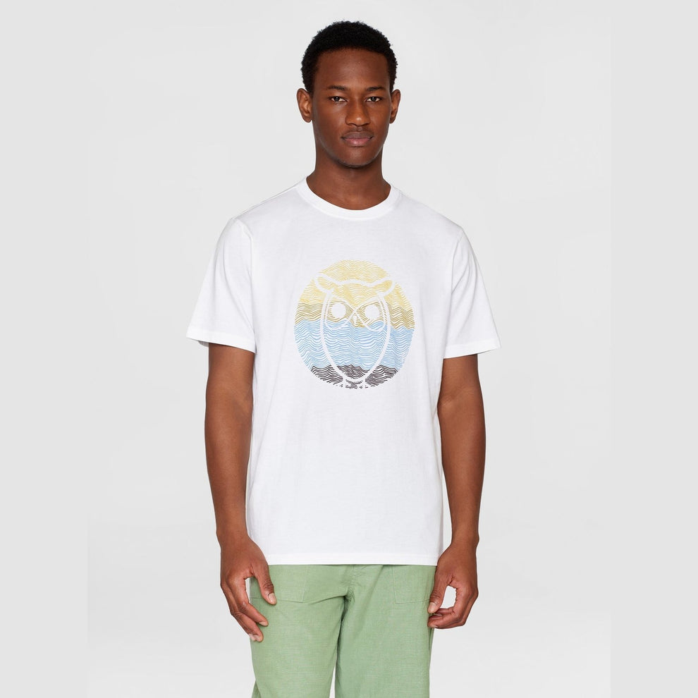 Knowledge Cotton Apparel M Regular Circled Owl Printed T-shirt Bright White