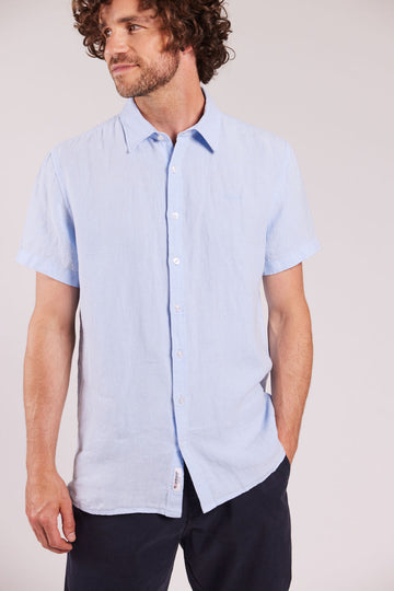 Sebago M Linen Short Sleeve Skjorte Light Blue