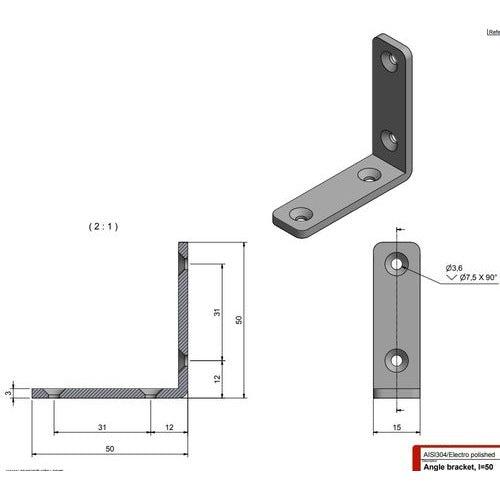 Roca vinkelbeslag 50x50x15mm skrue 3,6mm RF304