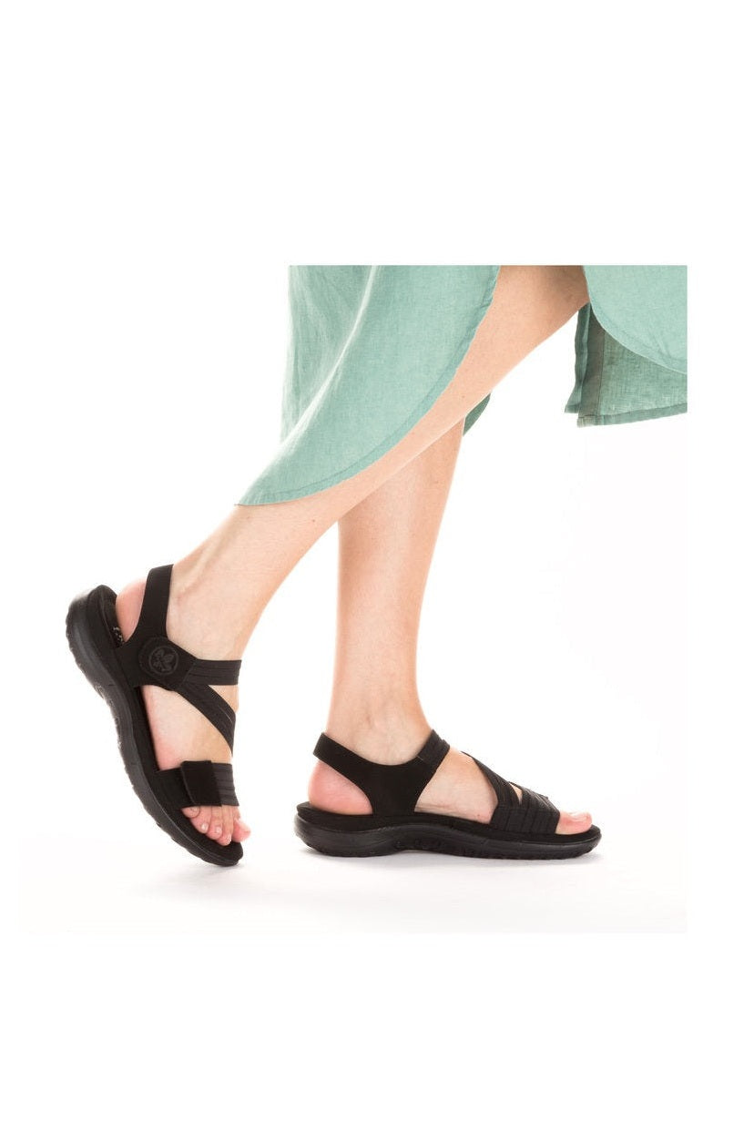 Rieker W Sandal med Elastik og Velcrorem Sort