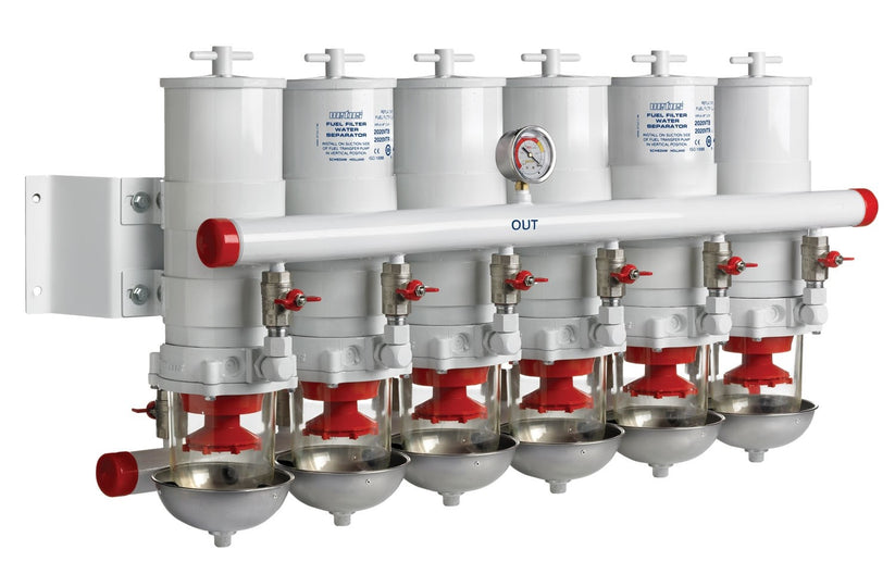 VETUS water separator/fuel filter, 4 in line, 30 micron, max. 36 l/min